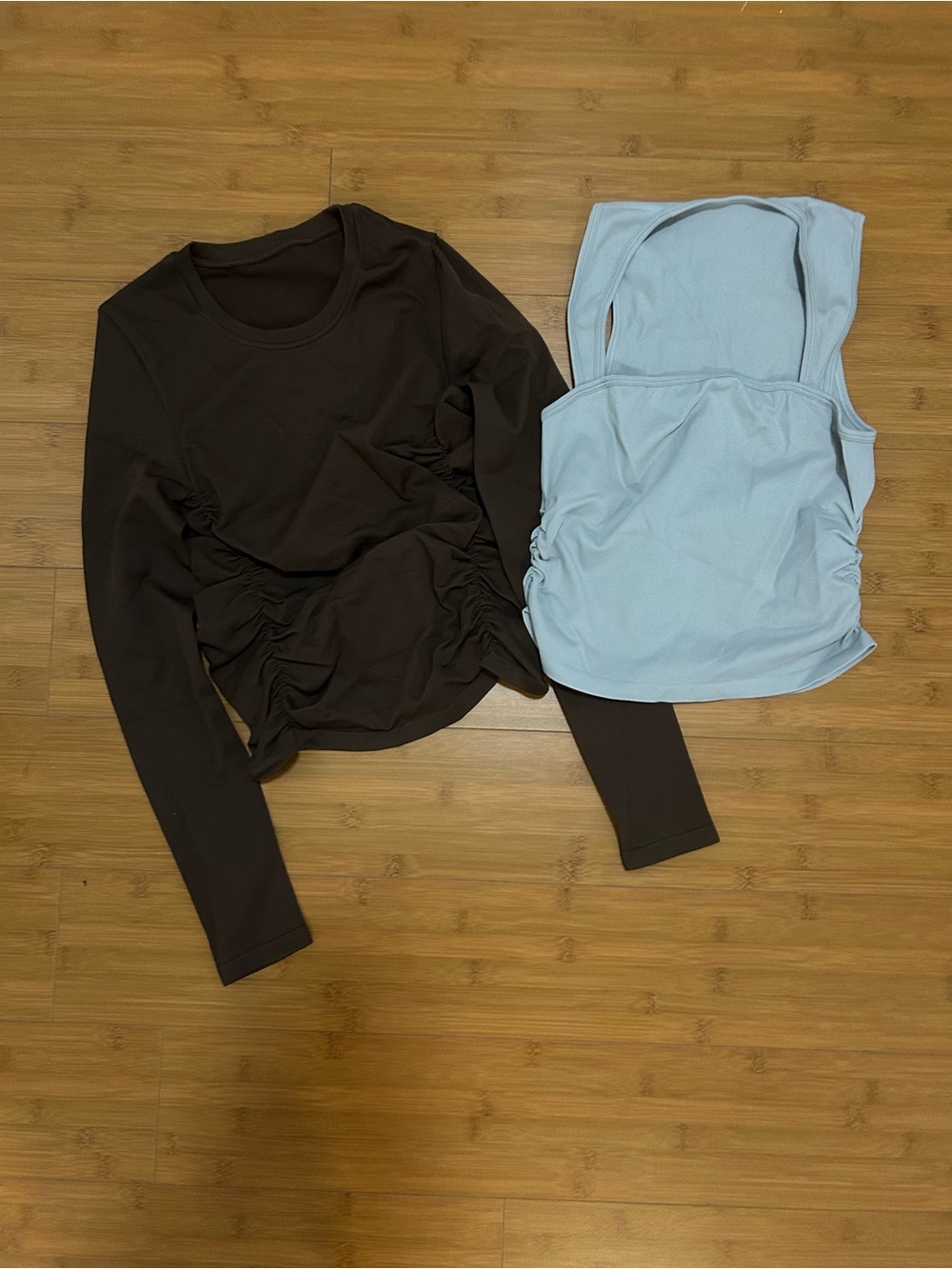 Ruched Light Geay Tank & Dark Brown Long Sleeve Top Set